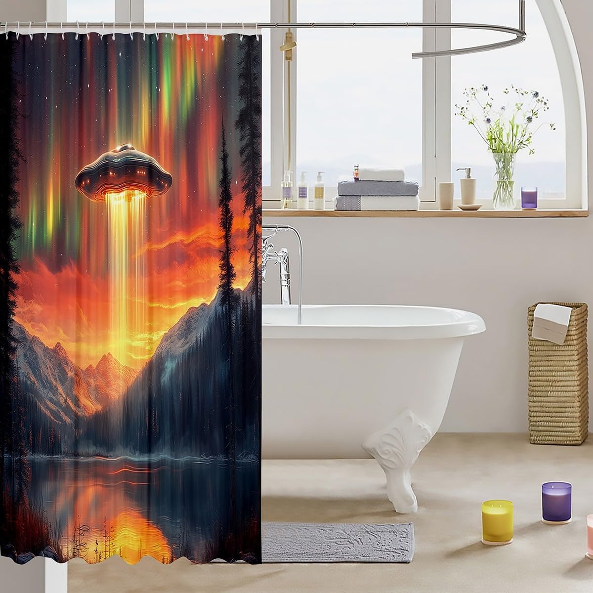 Manfei Spaceship Fabric Shower Curtain,Natural Mount Lake Neon Orange Green Aurora Shower Curtain,Mysterious Alien Spacecraft 3D Print Waterproof Shower Curtain for Bathroom,72 Inch Long image 3