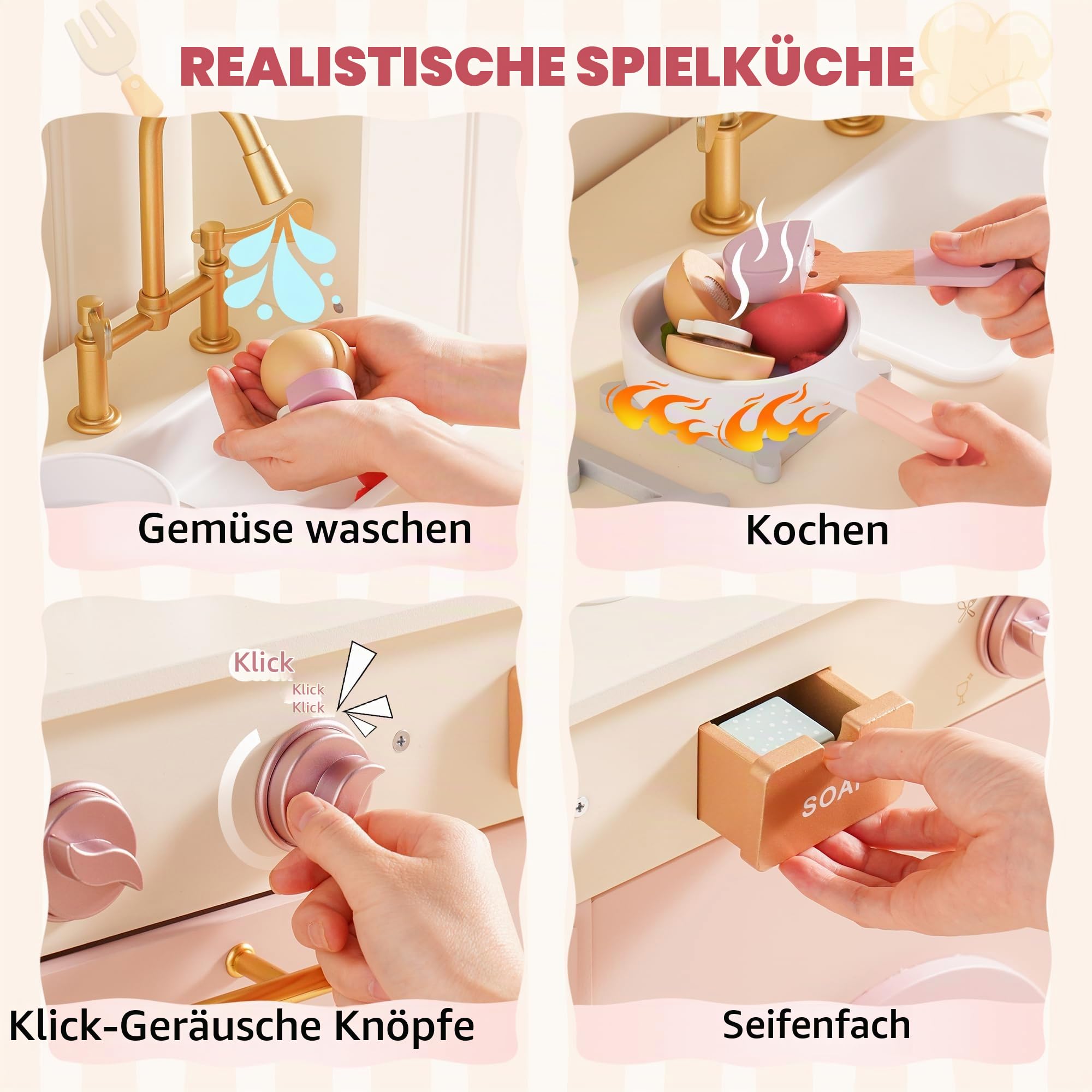 ROBUD Kinder Spielküche aus Holz, Kinder Spielzeugküche Spielset mit Brotmaschine, Ofen mit Kuchen, Geschirr Geschirrspüler, eingebauter Eisbereiter, Kleinkind Pretend Kochset für Jungen und Mädchen