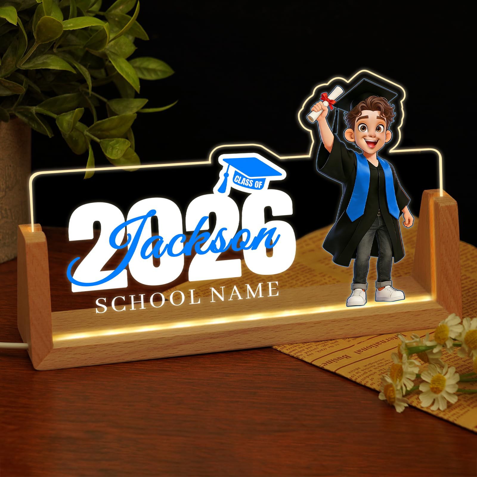 Custom Name Plate for Desk, Personalized Light Up Acrylic Desk Name Plate, Personalized Graduation Gifts 2026 for Him Her, Class of 2026 Graduate Gift, High School College Grad Gift (Design17-Graduation Boy)