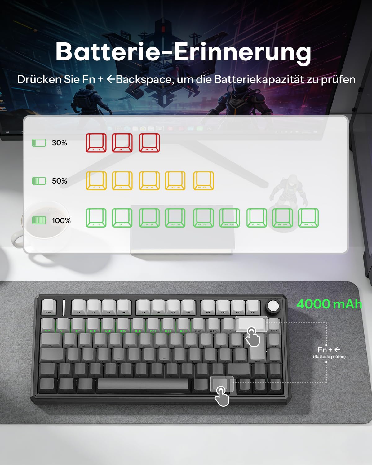 OMOTON 75% Mechanische Gaming Tastatur Kabellos, ISO QWERTZ, BT/USB-C/2,4GHz, Hot-Swap, QMK VIA Custom, 4000mAh Akku, RGB & Fünfschichtige Polsterung Struktur, MK212 Keyboard für Büro & Gaming