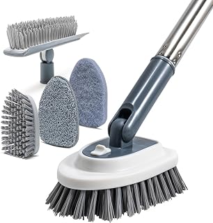 Shower Scrubber, 4-in-1 Scrubbing Brush with Long Handle(120 cm), 3-Section Handle, Bathroom Scrubber Set, with Bristle Brush, Sponge, Microfibre Pad & Crevice Tool for Tile, Tub, Floor & Sink