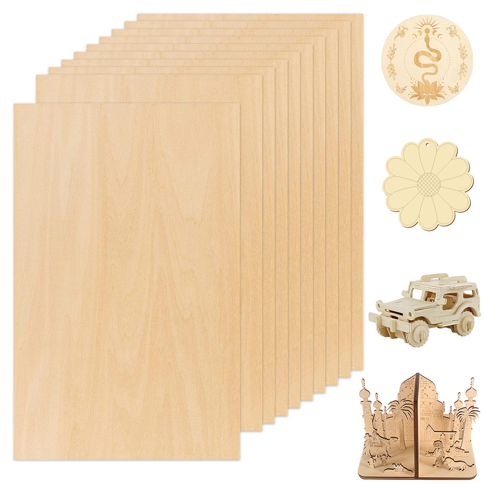 10Pcs 200x 300x 3mm Tablero Contrachapado, Contrachapeada Sin Terminar, Madera Contrachapada para Carpintería Bricolaje, Procesamiento Láser, Fabricación Modelos, Regalos, Decoraciones,Grabado,Artes