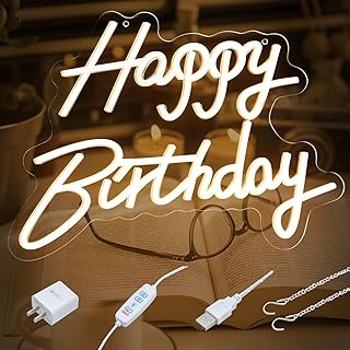 Happy Birthday Neon Sign with Adapter USB 9 mode Dimmer,Happy Birthday Light Up Sign,Neon Happy Birthday Sign For Backdrop,LED Neon Sign Happy Birthday For Party Wall Decor (Warm White)
