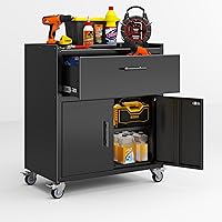 Metallitrend Metal Storage Cabinet with Shelves, Drawer & Locking Wheels - Heavy-Duty Rolling Tool Organizer for Garage, 35"H x 30"W x 18"D Black