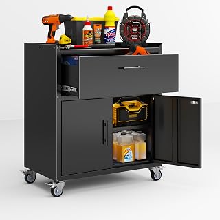 Metallitrend Metal Storage Cabinet with Shelves, Drawer & Locking Wheels - Heavy-Duty Rolling Tool Organizer for Garage, 35"H x 30"W x 18"D Black