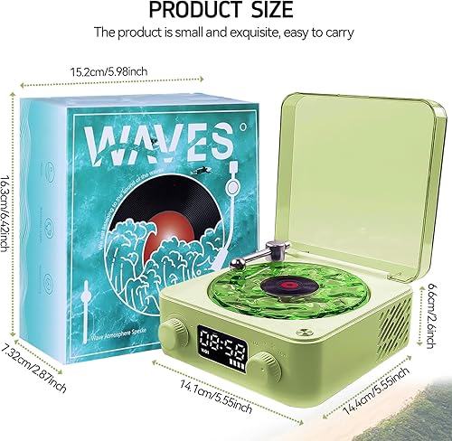 Miniatura 8 de Altavoz de vinilo aguamarina, altavoz Bluetooth de vinilo Waves, reproductor de vinilo con luz y tiempo ajustables para dormitorio, oficina, fiesta,