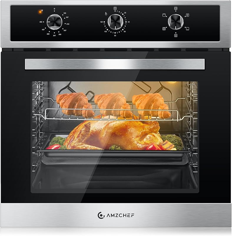 AMZCHEF 24" Electric Wall Oven, 2.65 Cu.ft, 5 Modes, Stainless Steel | 2200W, 75L,360° Rotisserie, 122-482°F, Knob Control, Enamel Liner, 5 Rack Positions, Built-in