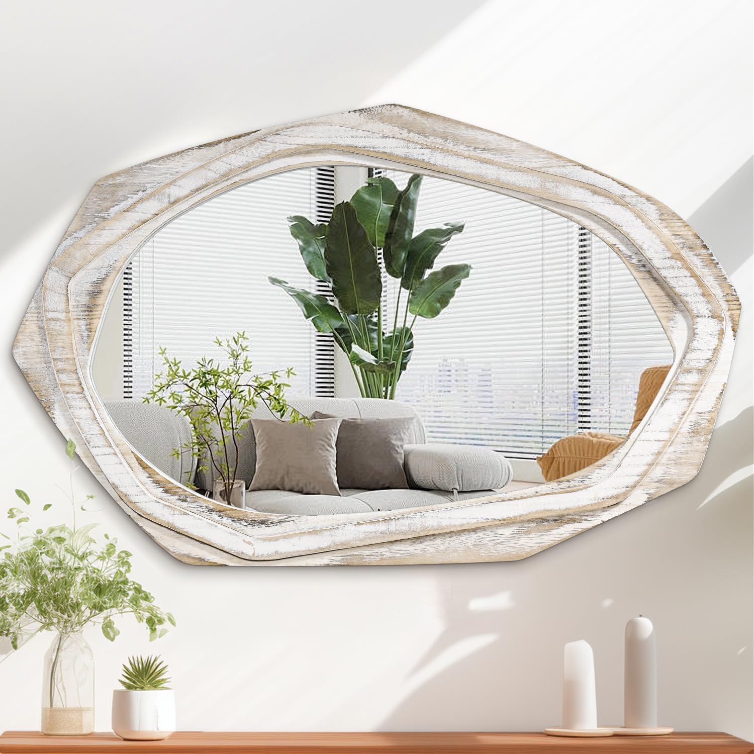 Aazzkang Rustic White Irregular Wall Mirror Wooden Large Rustic Asymmetrical Mirrors 70L X 45W Cm Decorative For Bedroom Living Room Bathroom Entryway Hanging White
