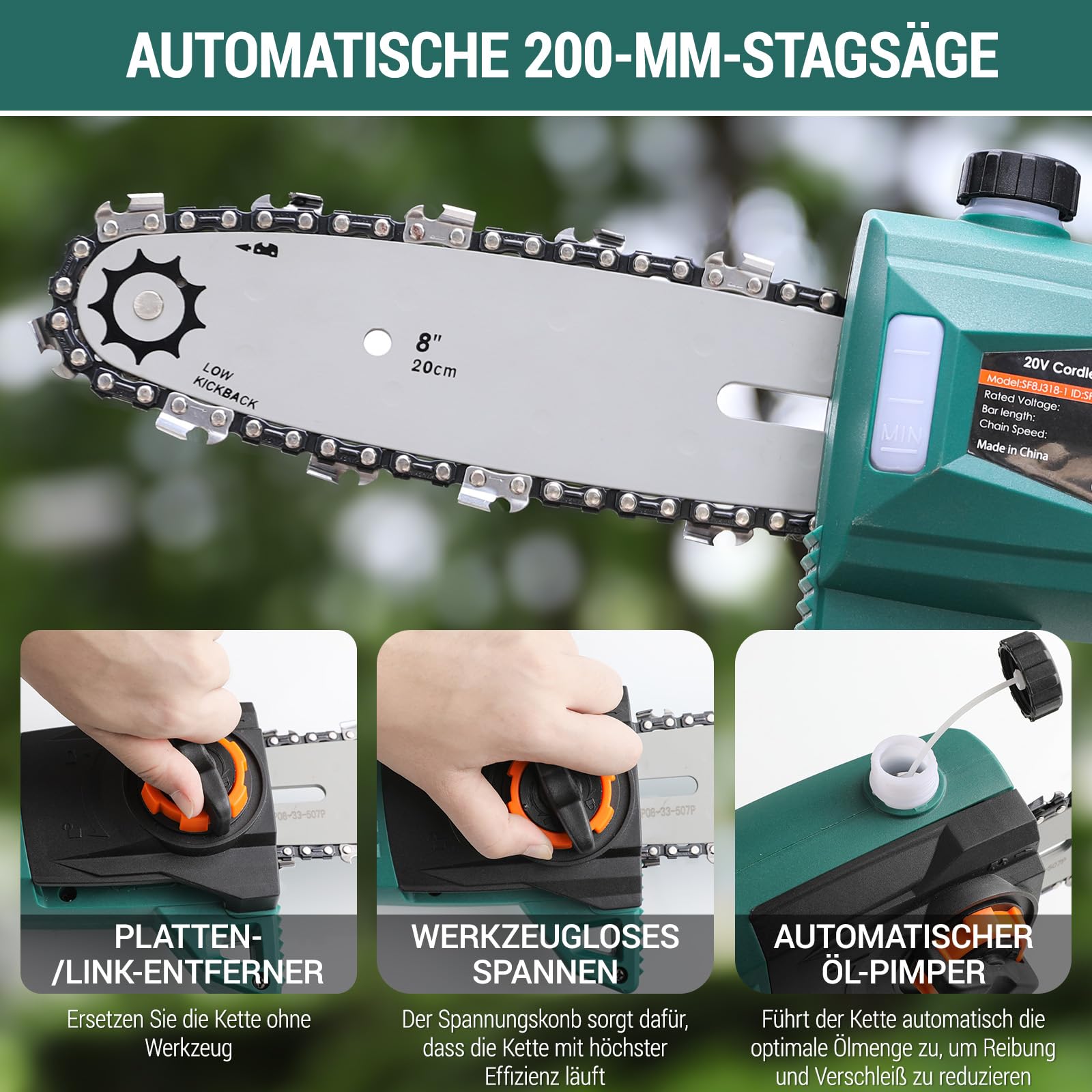 Élagueur sur Perche sans Fil, Perches Élagueuses Électrique, avec Tube d'Extension, Batterie Li-Ion 20 V 4 Ah/Chargeur, Longueur de Lame 24 cm, Vitesse de Chaîne 5 m/s, Tête Inclinable, Portée 3 m