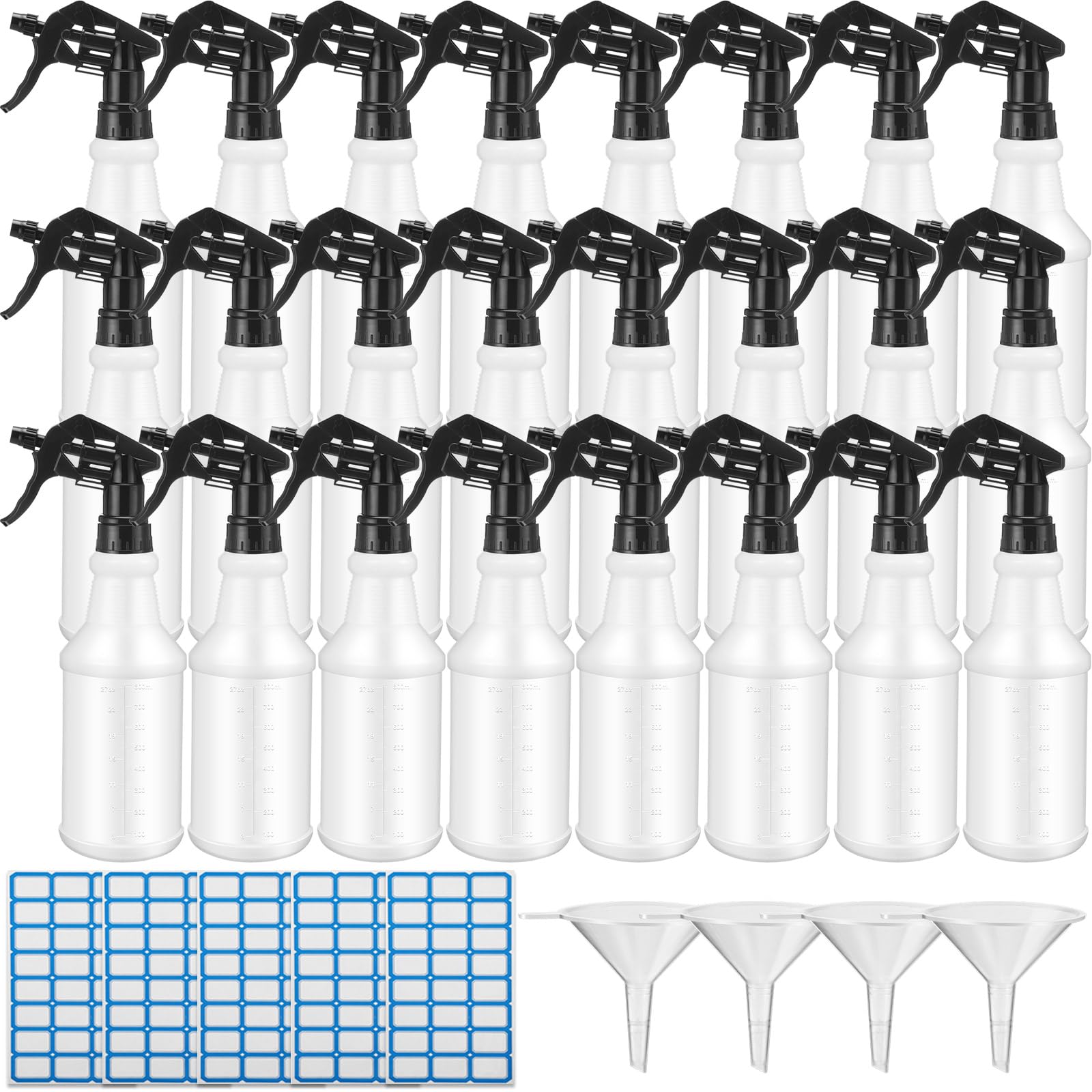 Zubebe 24 Pack 32 oz Plastic Spray Bottle Bulk Empty Leakproof Heavy Duty Spray Bottles for Cleaning Supplies Mist Bottles with Label and Adjustable