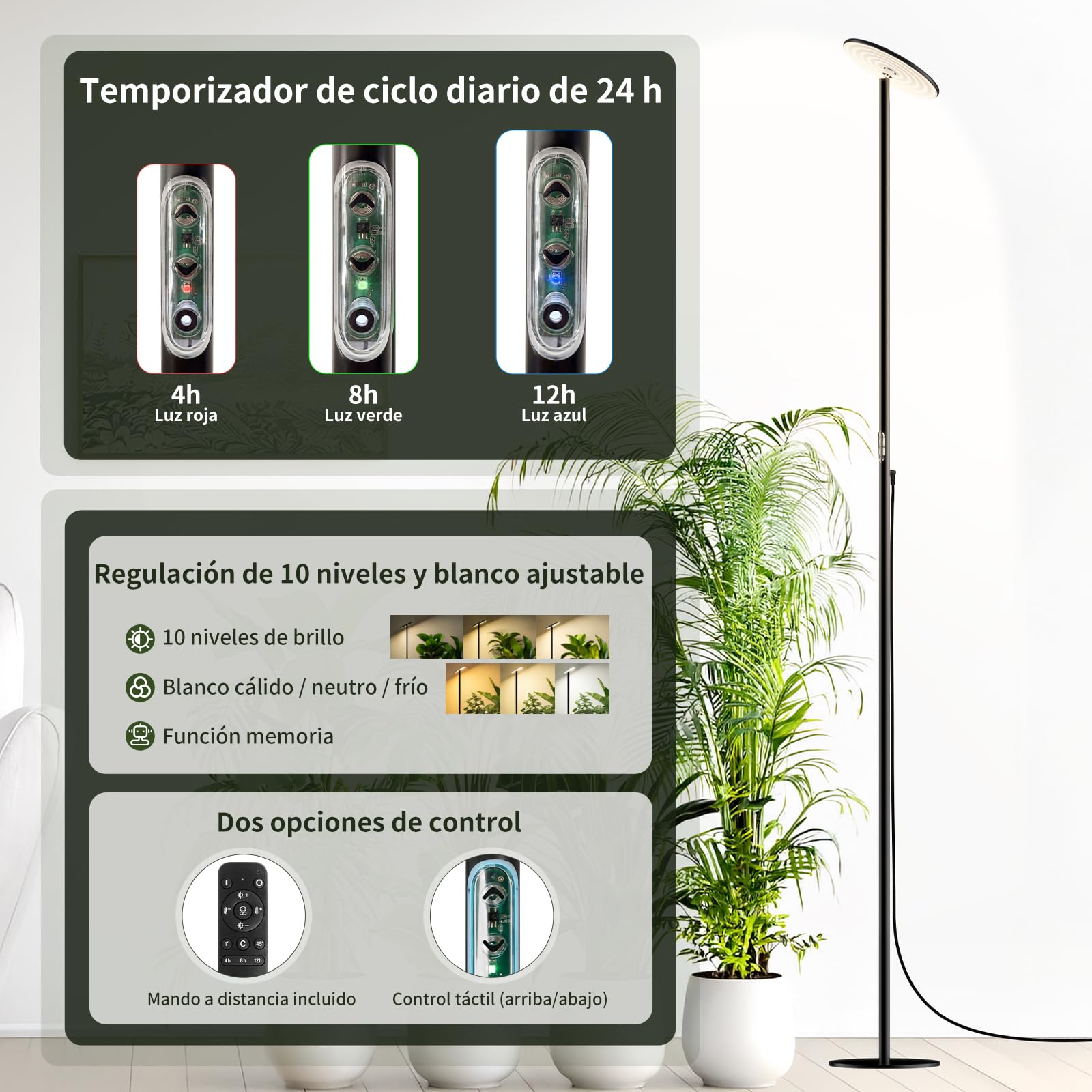 Luz para Plantas Interior 60W, Lámpara de Crecimiento LED Espectro Completo de Pie, Altura Ajustable 216 cm, Regulable 2300–6500K, Temporizador 4/8/12H y Mando, para Plantas Grandes