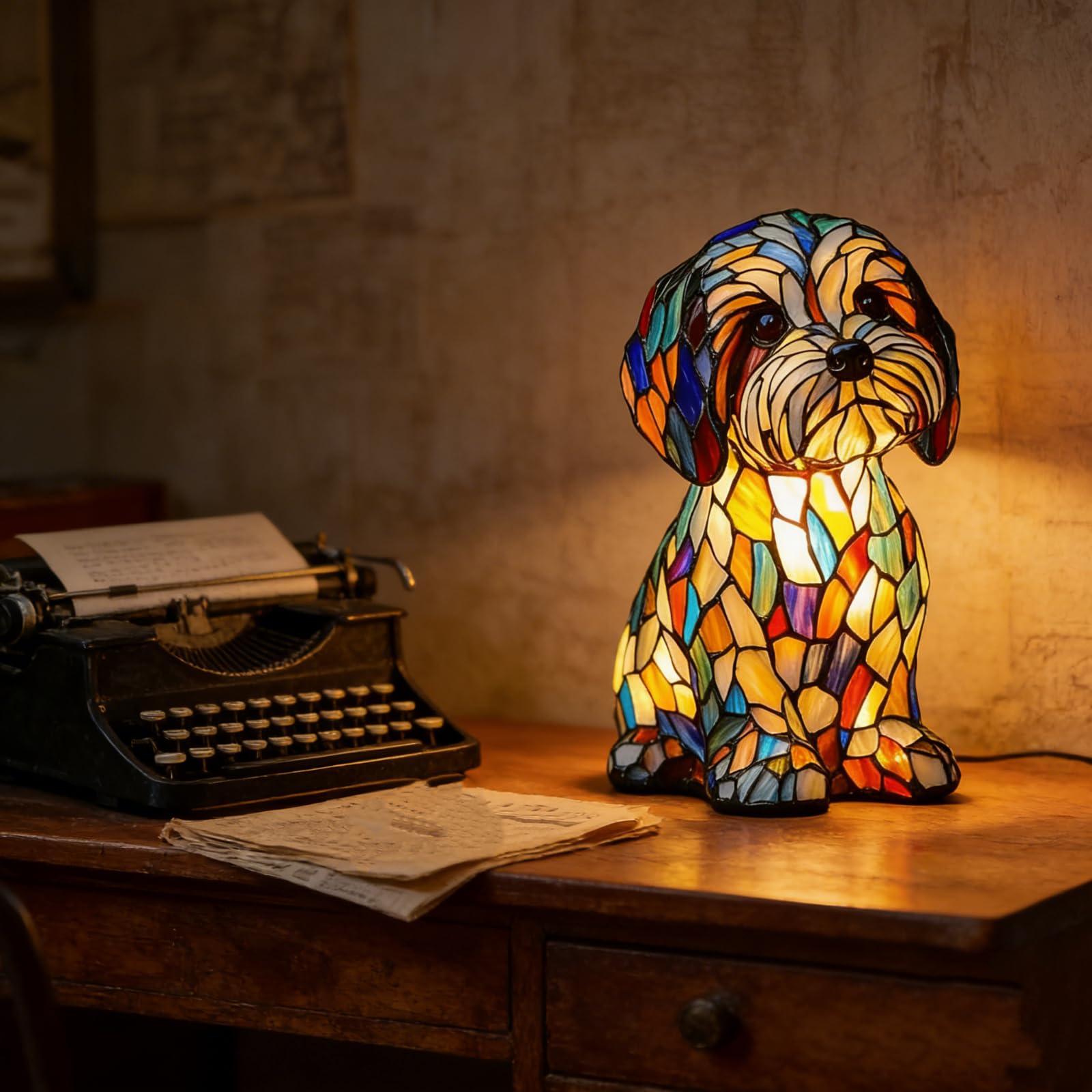 Lampe Chien Vitrail, Veilleuse Chien, Stained Glass Dog Lamp, Décoration Intérieure, Lumière LED Ambiance, pour Chambre, Bureau, Maison, Cadeau pour les Amoureux des Chiens [Classe énergétique A]