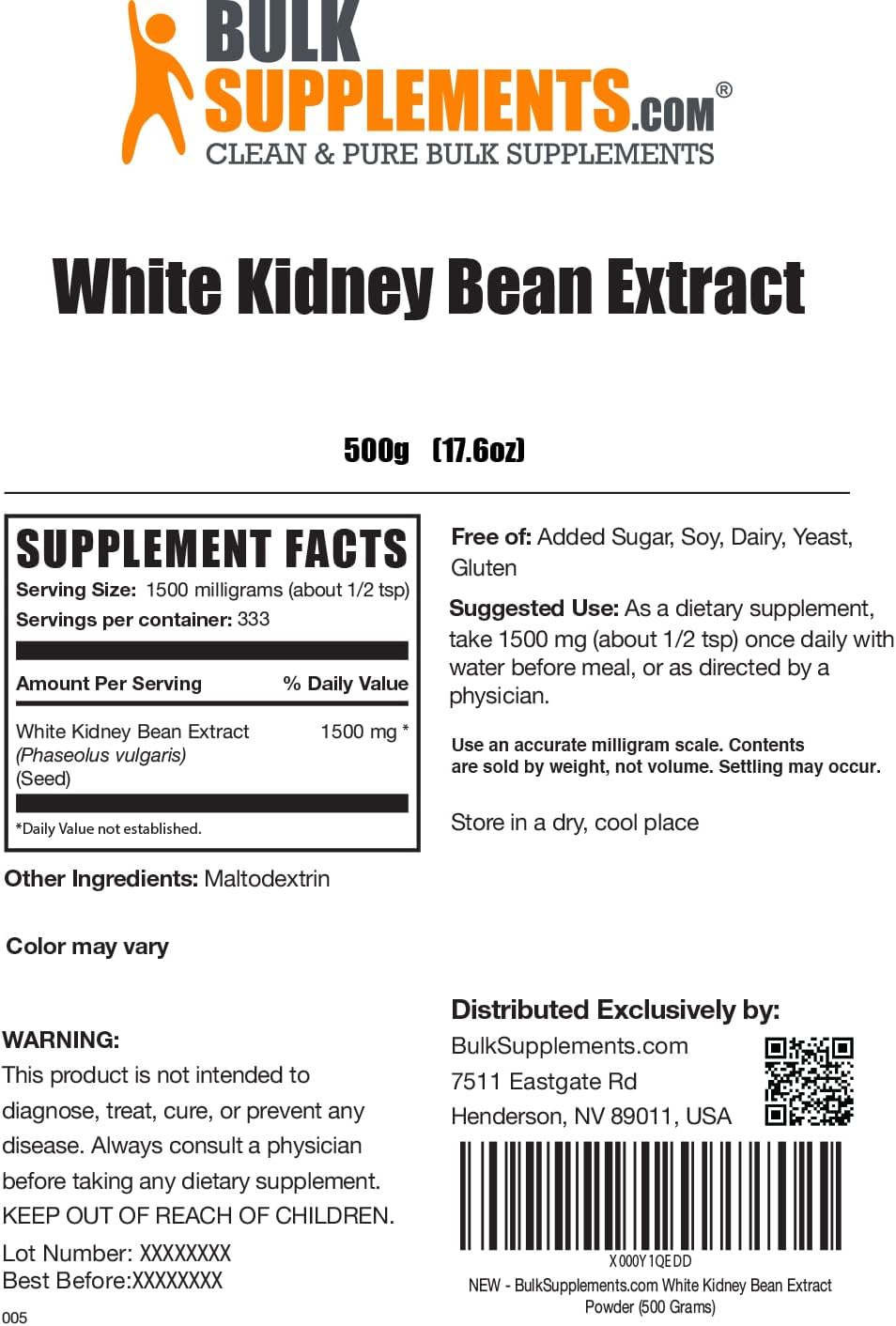 BulkSupplements.com White Kidney Bean Extract Powder - White Kidney Bean Powder - Herbal Supplement - Gluten Free, 1.5g per Serving, 500g (1.1 lbs) (Pack of 1)