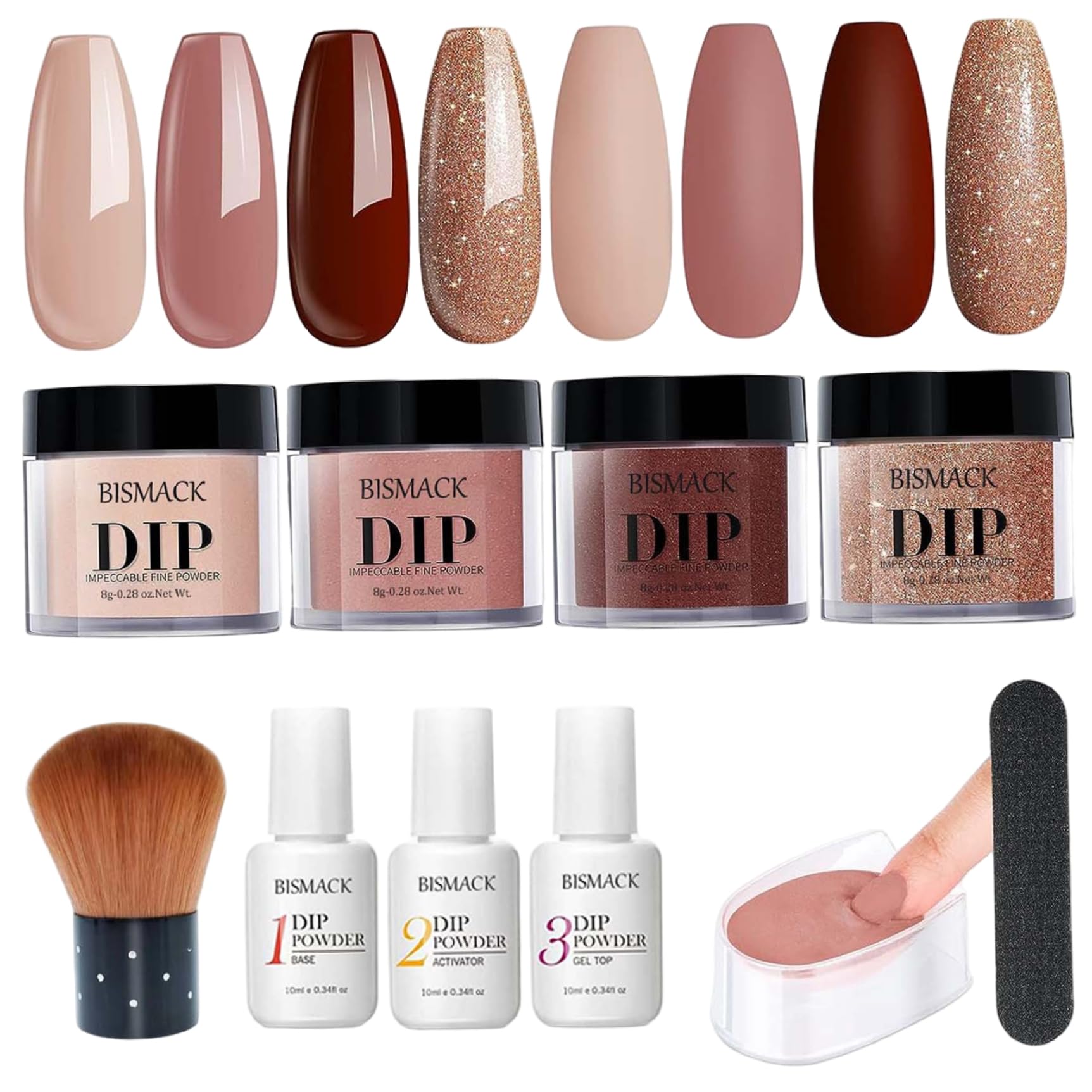 Juego de 10 unidades de polvo para inmersión de uñas, polvo de inmersión de 4 colores con activador de capa Base/superior, kits de uñas para bricolaje, Kit marrón