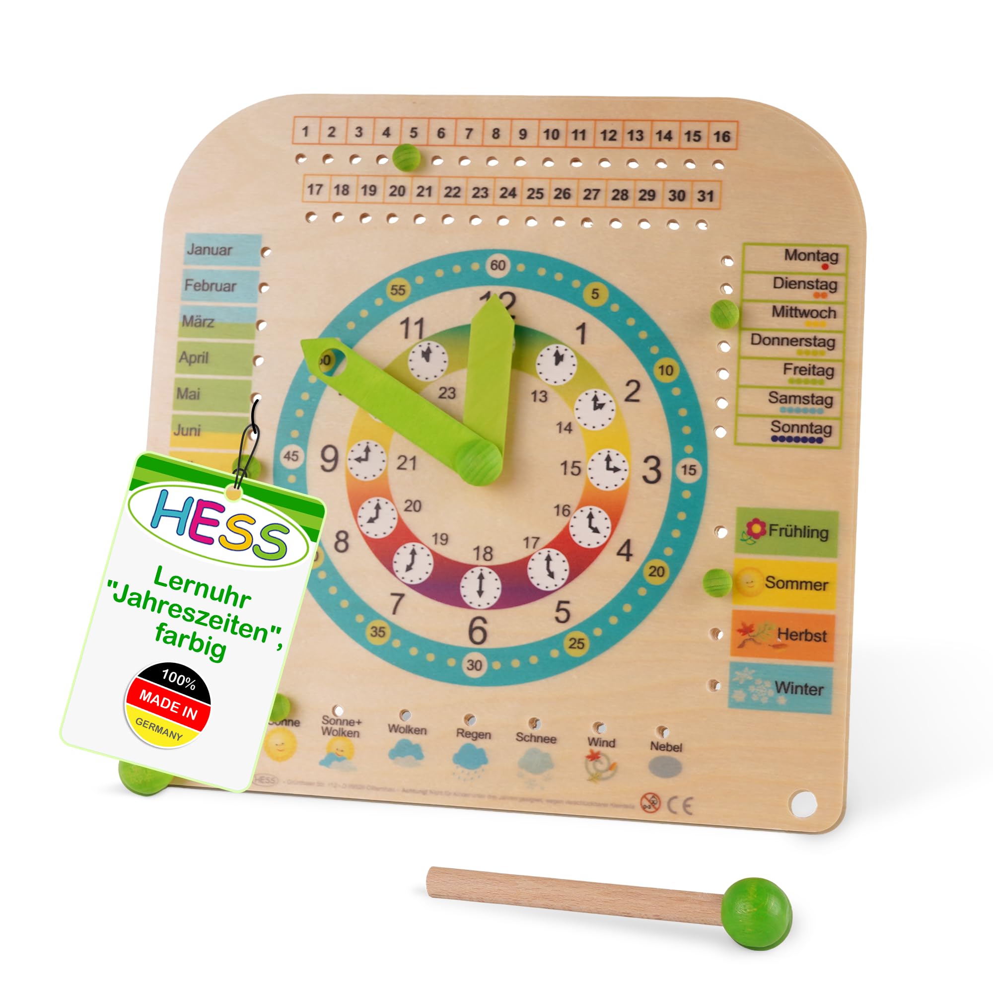 HESS Since 1990 - Lernuhr für Kinder mit Kalender, aus Holz, 25cm x 25cm, aus dem Erzgebirge