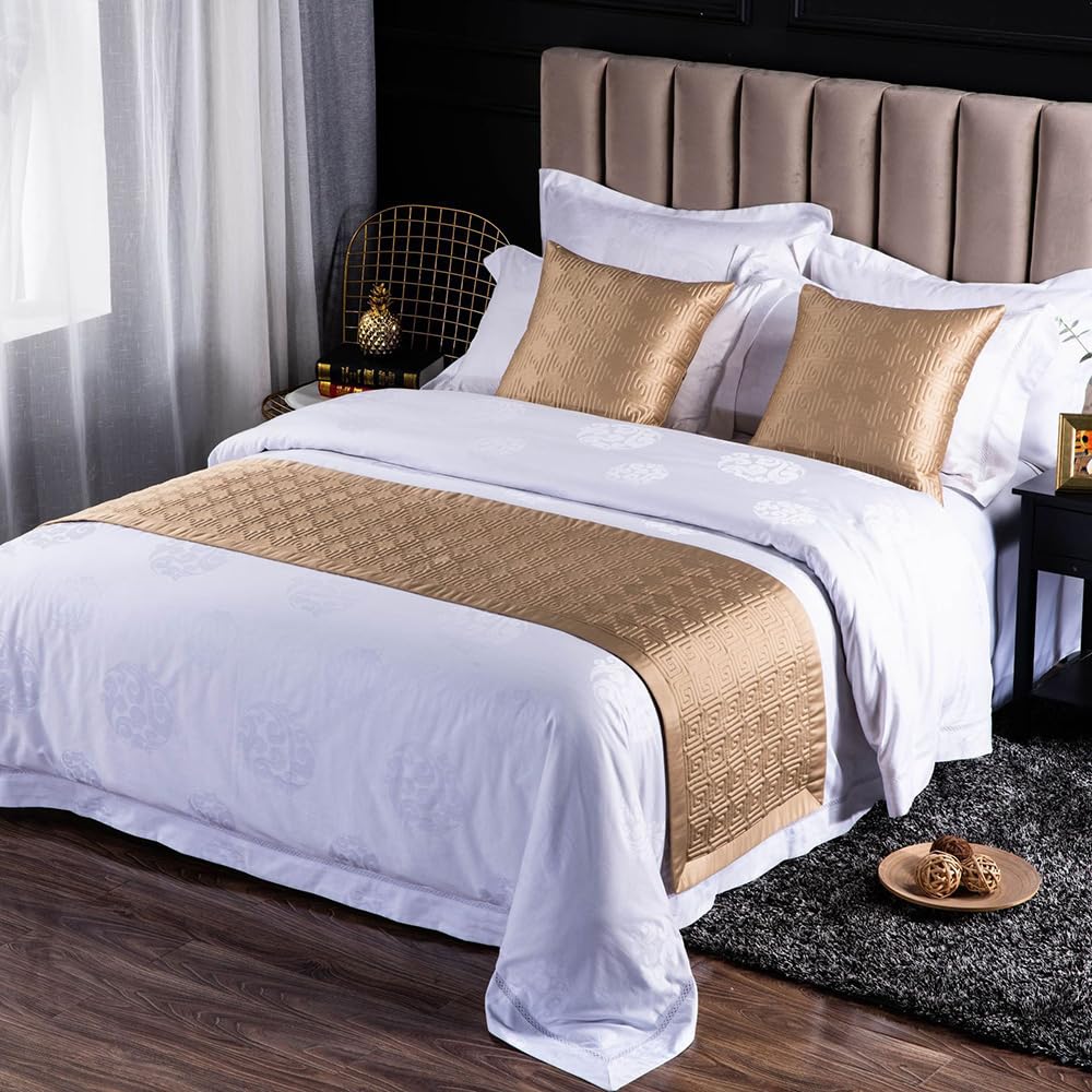 QRGMKL New Solid Color Bed Runners Soft Skin-friendly Bed Scarves High-precision Geometric jacquard Bedding Protector Bedspread for Home Bedroom Hotel-Gold A||240X50cm for 1.8m Bed