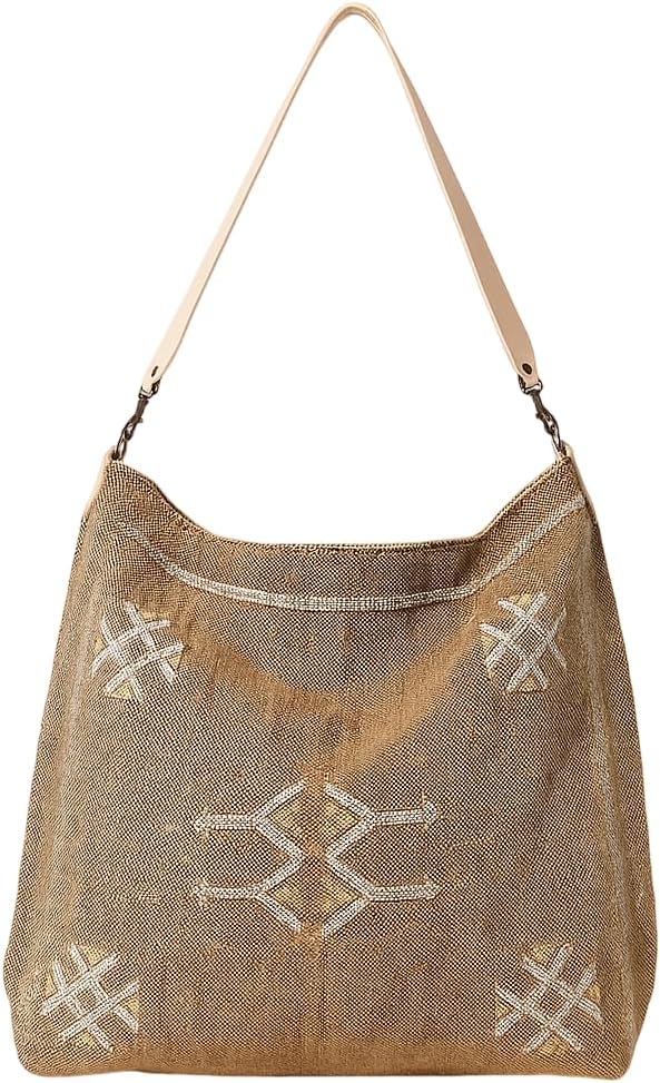 Moroccan Cactus Silk Tote Bag with Leather Handle, Handwoven Shoulder Purse, Embroidered Design