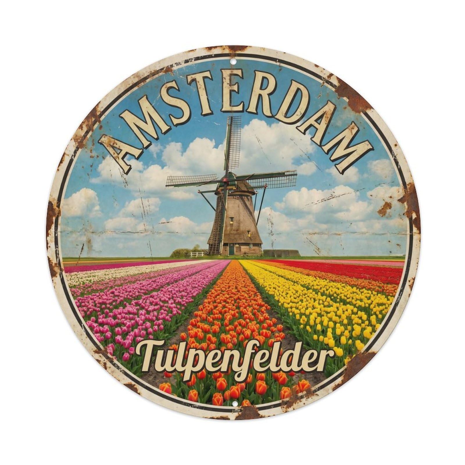 Vintage Travel Amsterdam Tulips Windmill Metal Tin Sign Plaque