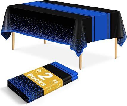 2 Pack Black and Blue Tablecloth Party Decorations Plastic Black Tablecloth Printed Blue Table Runner 54 x108 Inch Disposable Rectangle Table Cover for Birthday Wedding Graduation Anniversary
