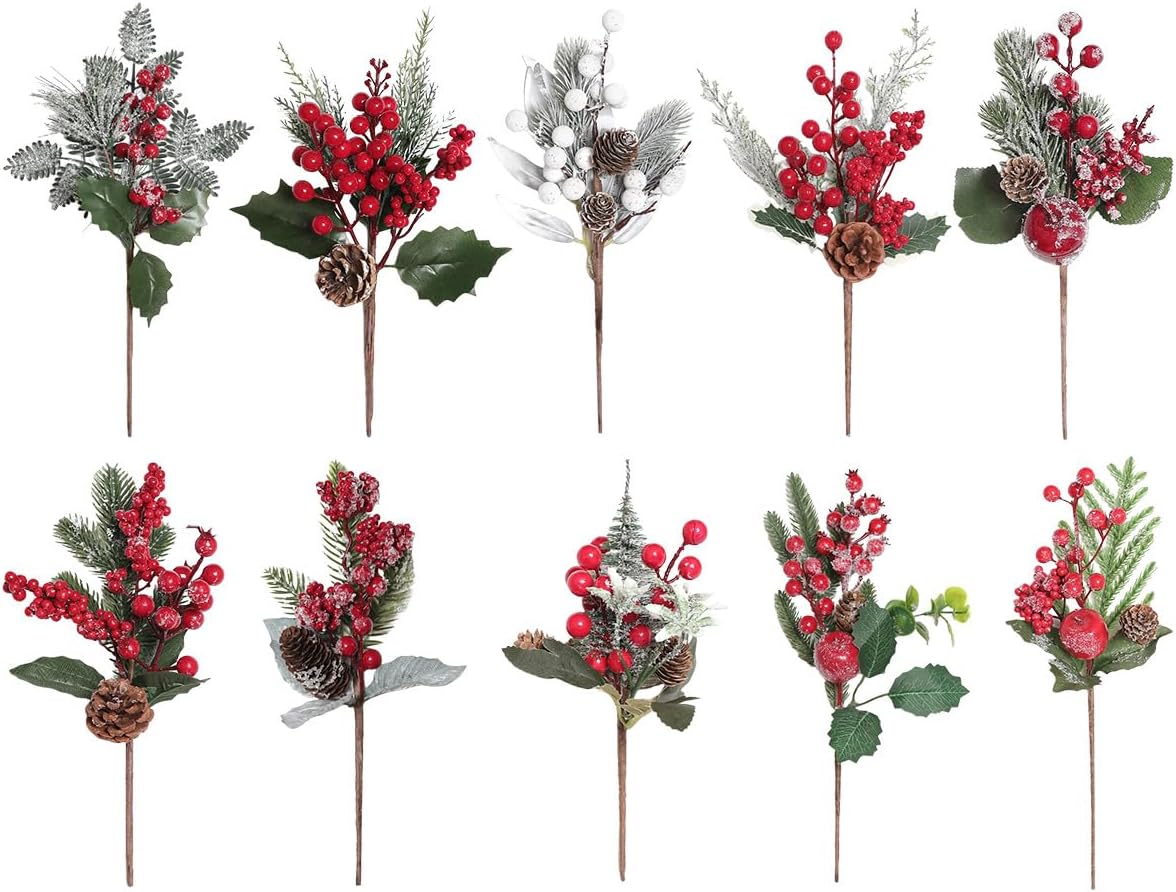 5pcs Christmas Artificial Pine Cone Snowflake Red Berry Picks Stems, Christmas Decoration for DIY Ornaments, Tree Decor, Crafts Holiday, Wreath Making Supplies