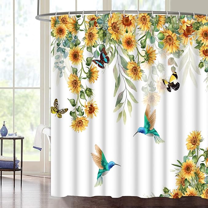 Beiyongde Yellow Sunflower Shower Curtain,Butterfly with