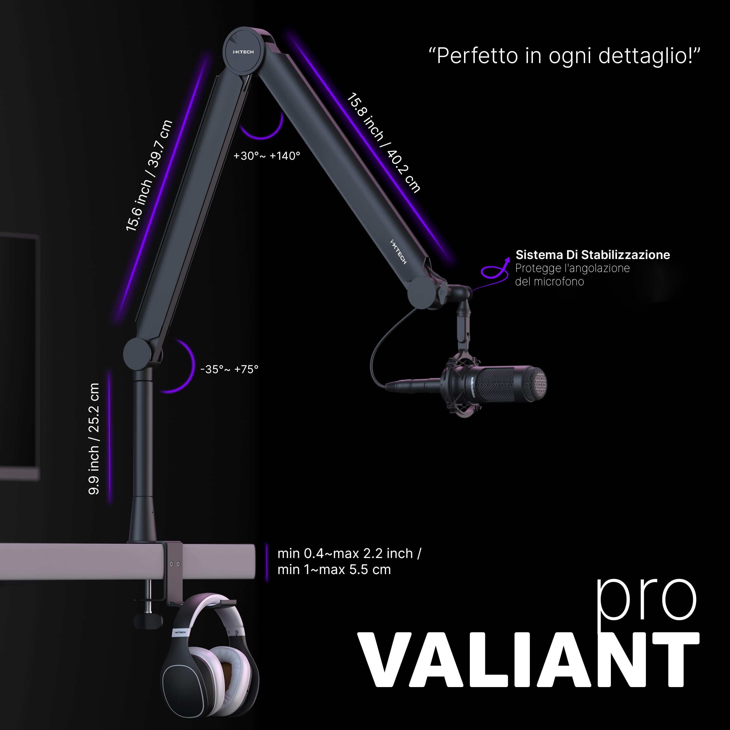 IXTECH Braccio per microfono girevole a 360° Braccio per microfono con supporto da scrivania completamente regolabile per podcast video radio registrazione in studio robusto e universale VALIANT Pro