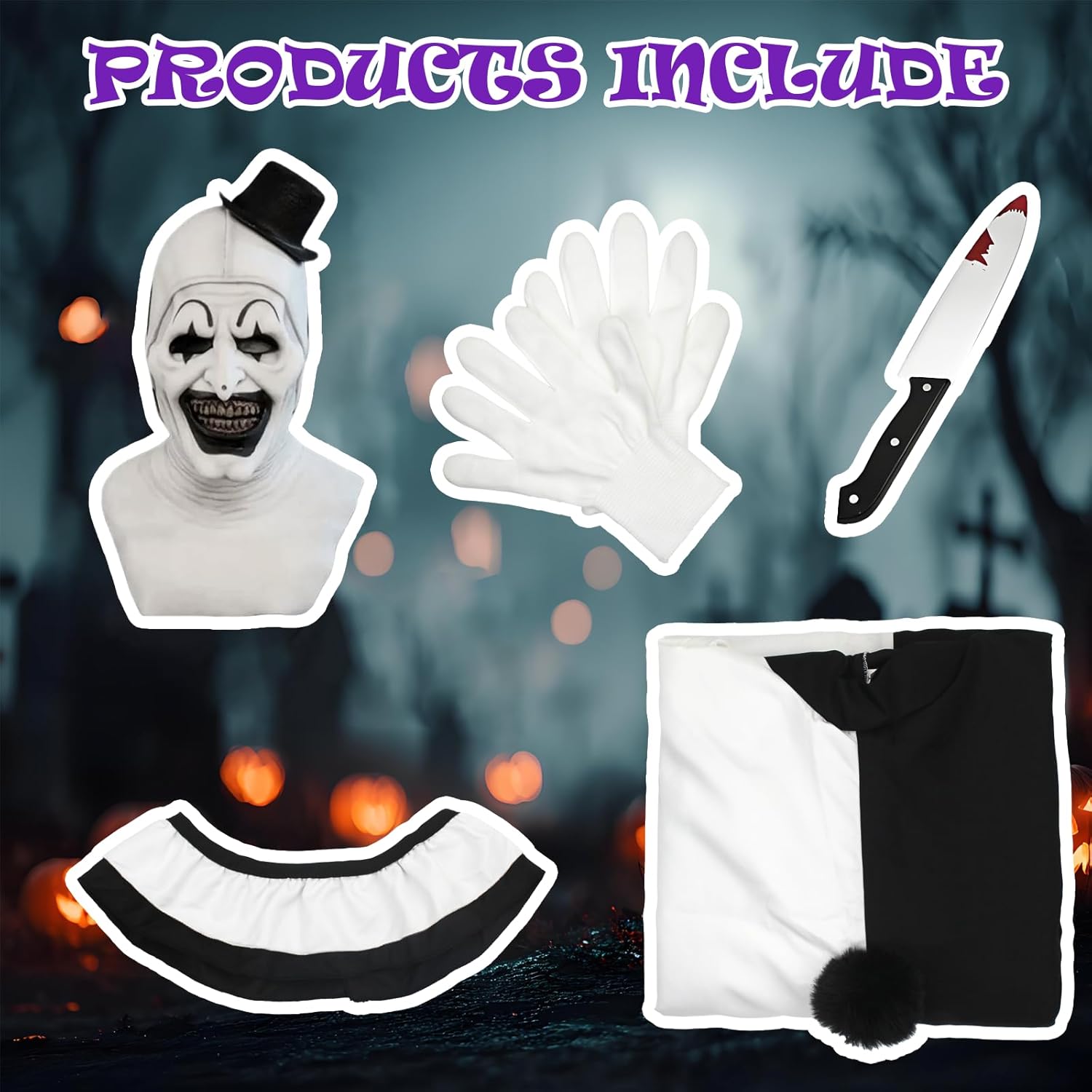 Clown Costume Halloween Cosplay Black and White Clown Jumpsuit Outfit With Mask Accessories Set - Image 5