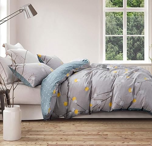 Miniatura 2 de SLEEPBELLA Edredón tamaño individual, juego de edredón de algodón de 600 hilos, hojas azul marino y gris, juego de cama alternativo de plumón de 2