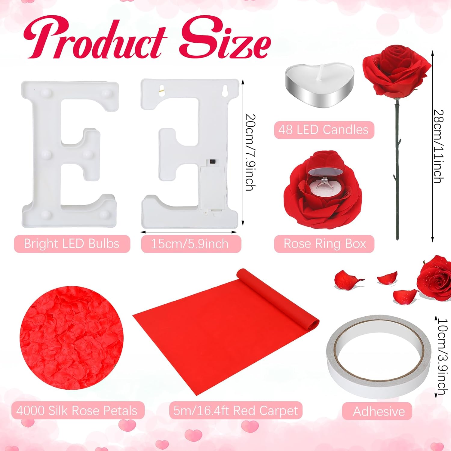 Romantic Proposal Decorations Kit Large Marry Me Letters Rose Petals Heart Shaped Candles Carpet Double Sided Tape Engagement Rose Ring Box for Proposal Engagement Wedding Table Decorations