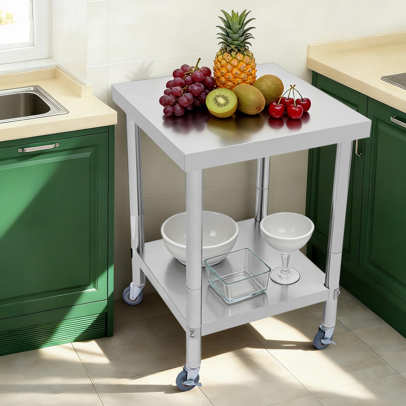 Tavolo da lavoro in acciaio inox, tavolo da lavoro cucina, preparazione in acciaio inox a 2 livelli, stoccaggio a 2 livelli, dotato di 4 ruote di cui 2 con freno, carico 300 kg, cucina ristorante