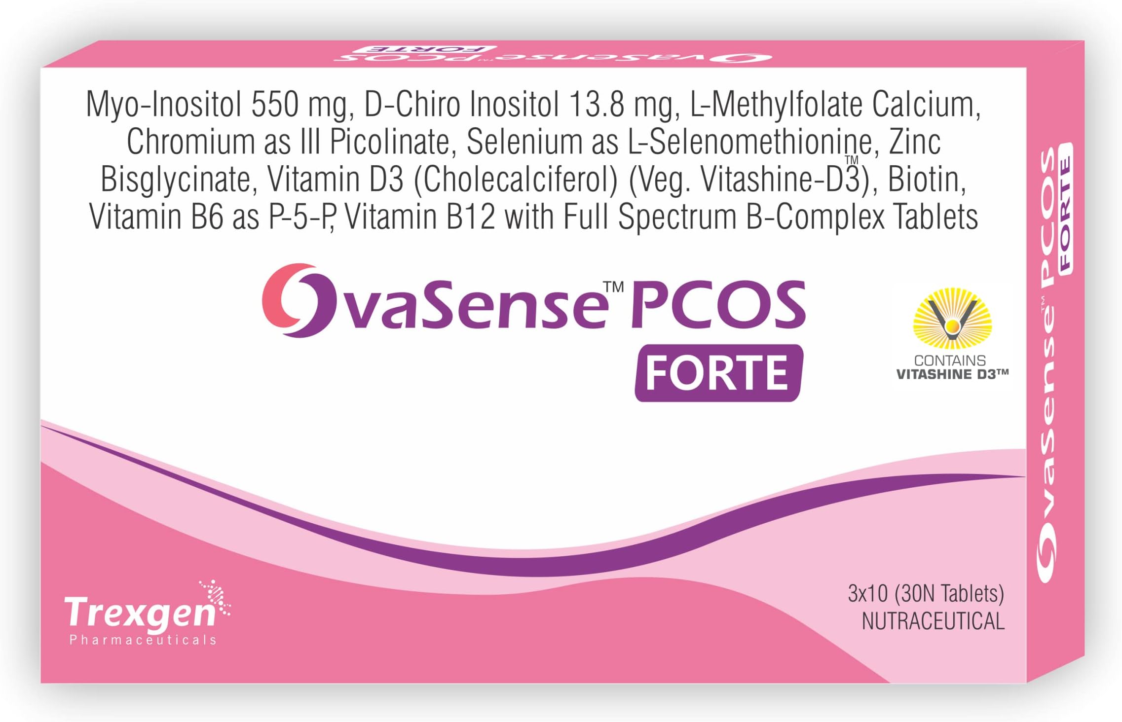 Trexgen® OvaSense-PCOS Forte Synergistic Myo-inositol 550mg & D-Chiro Inositol 13.8mg, Cholecalciferol, B-complex,Zinc, Chromium, Selenium & Micronutrients (30 Tablets) (1)