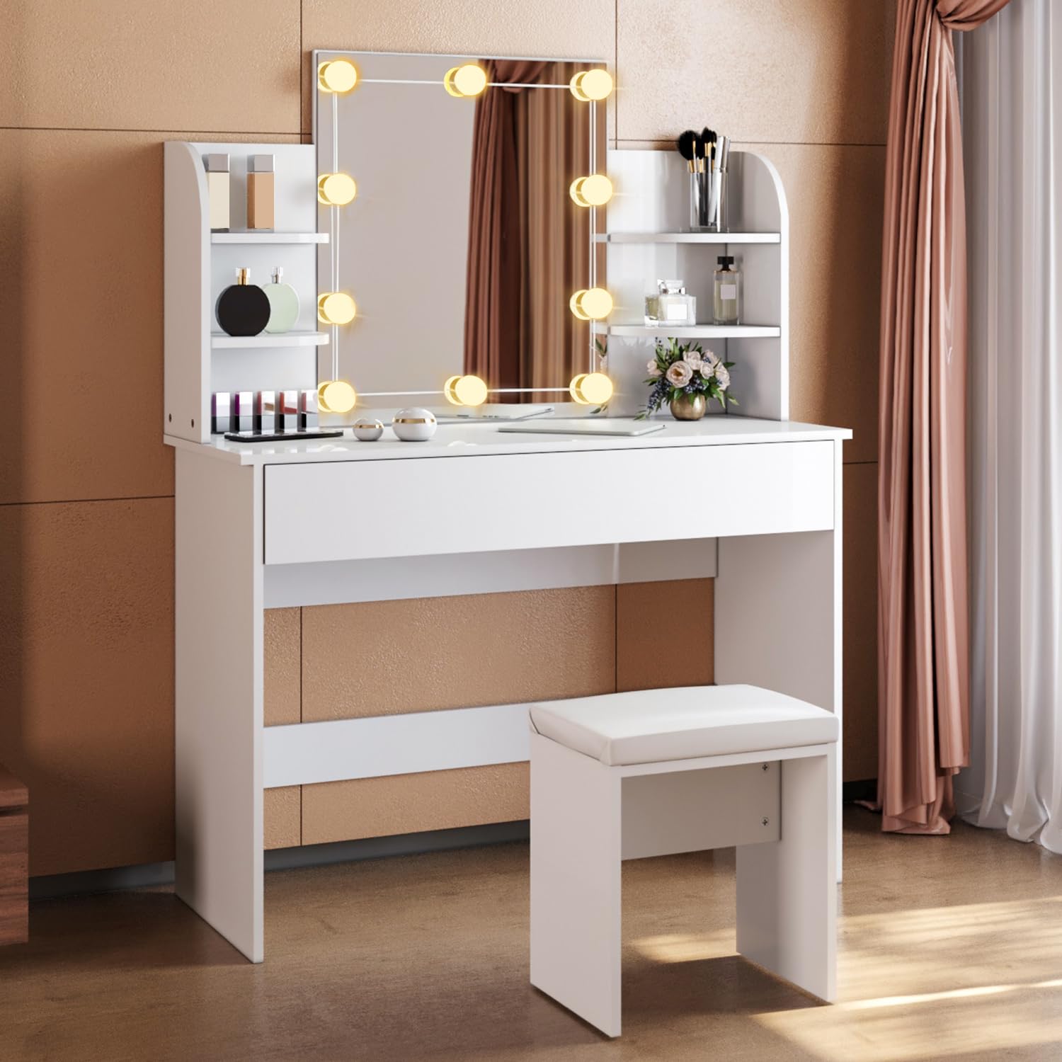 Coiffeuse avec Miroir et Tabouret LED Table de Maquillage avec Miroir À Lumières LED 3 Couleurs, Facile à Nettoyer Vanité avec 4 Tiroirs et Siège