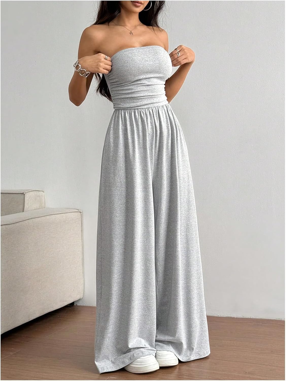 OYOANGLE Women's Strapless Jumpsuits Ruched Wide Leg Tube Romper Vacation Going Out Summer Outfits
