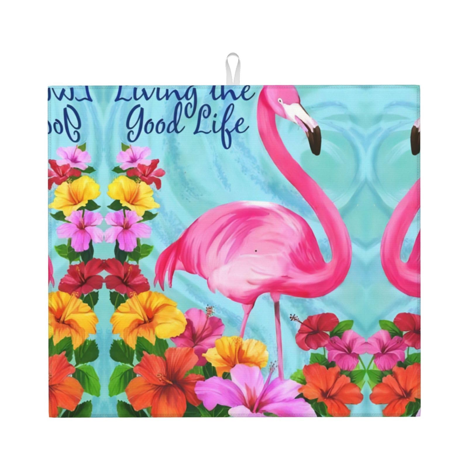 YYHWHJDE Flamingo Flowers Prints Kitchen Drying Mat - Absorbent Dish Drying Throw with Vibrant Prints, Quick-Dry Countertop Layer for Dishes & Appliances - Non-Slip & Foldable