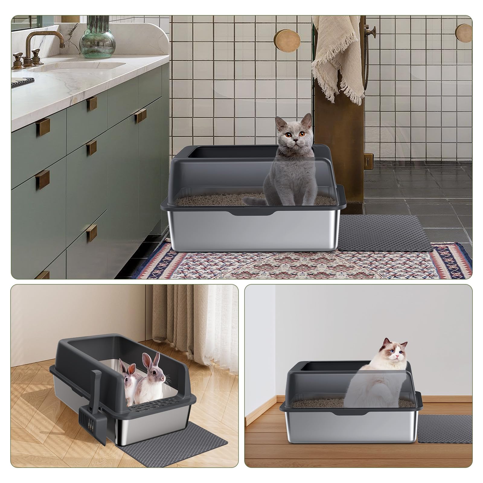 Gimars Caja de Arena XL de Acero Inoxidable, Bandeja Grande de 20L con Pala para Arena y Alfombrilla, Bandeja metálica Ideal para Gatos Grandes y medianos, fácil de Limpiar y Duradera