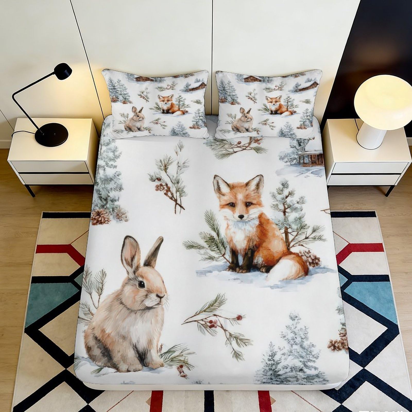Pnayamiorkfel Style-7 3D Printed Forest Rabbit Fitted Sheet Microfiber Soft Woodland Fox Mattress Cover For Bedroom Home Decor Easy Care 90X200x25cm