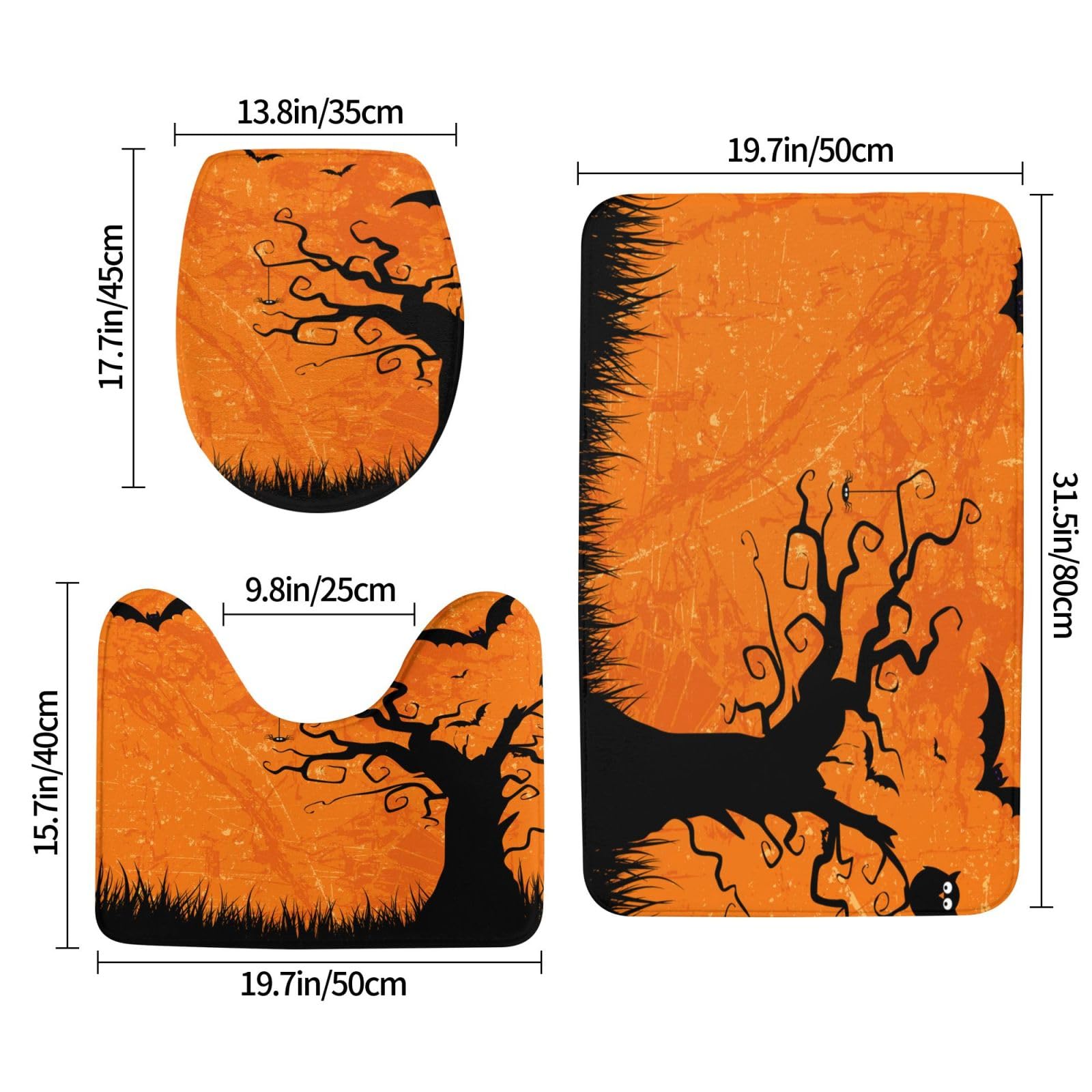 Set di tappetini da bagno con stampa arancione per feste di Halloween, 3 pezzi inclusi, tappetino da contorno assorbente per bagno