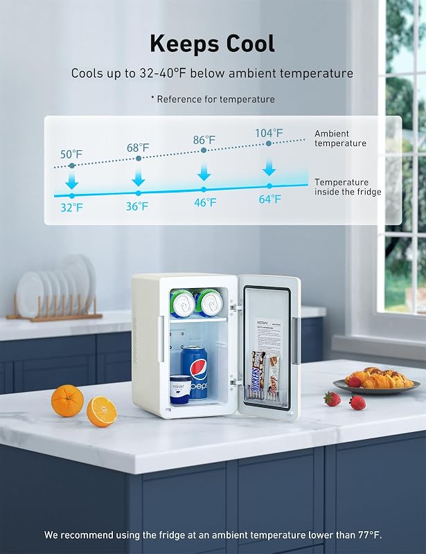 AstroAI Mini Hűtőszekrény 6L - Hordozható Hűtő és Melegítő, 8 Dobozos Kapacitás, AC/DC Tápellátás, Bézs Színű Minihűtő Hálószobába, Autóba,