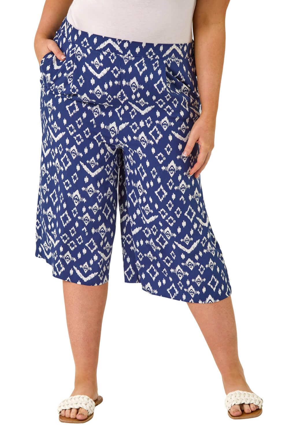 Roman Curve Abstract Spot Culotte for Women UK - Ladies Everyday Autumn Winter Comfy Soft Evening Vacation Work Party Night Out - Ikat Navy Plus - Size 2224