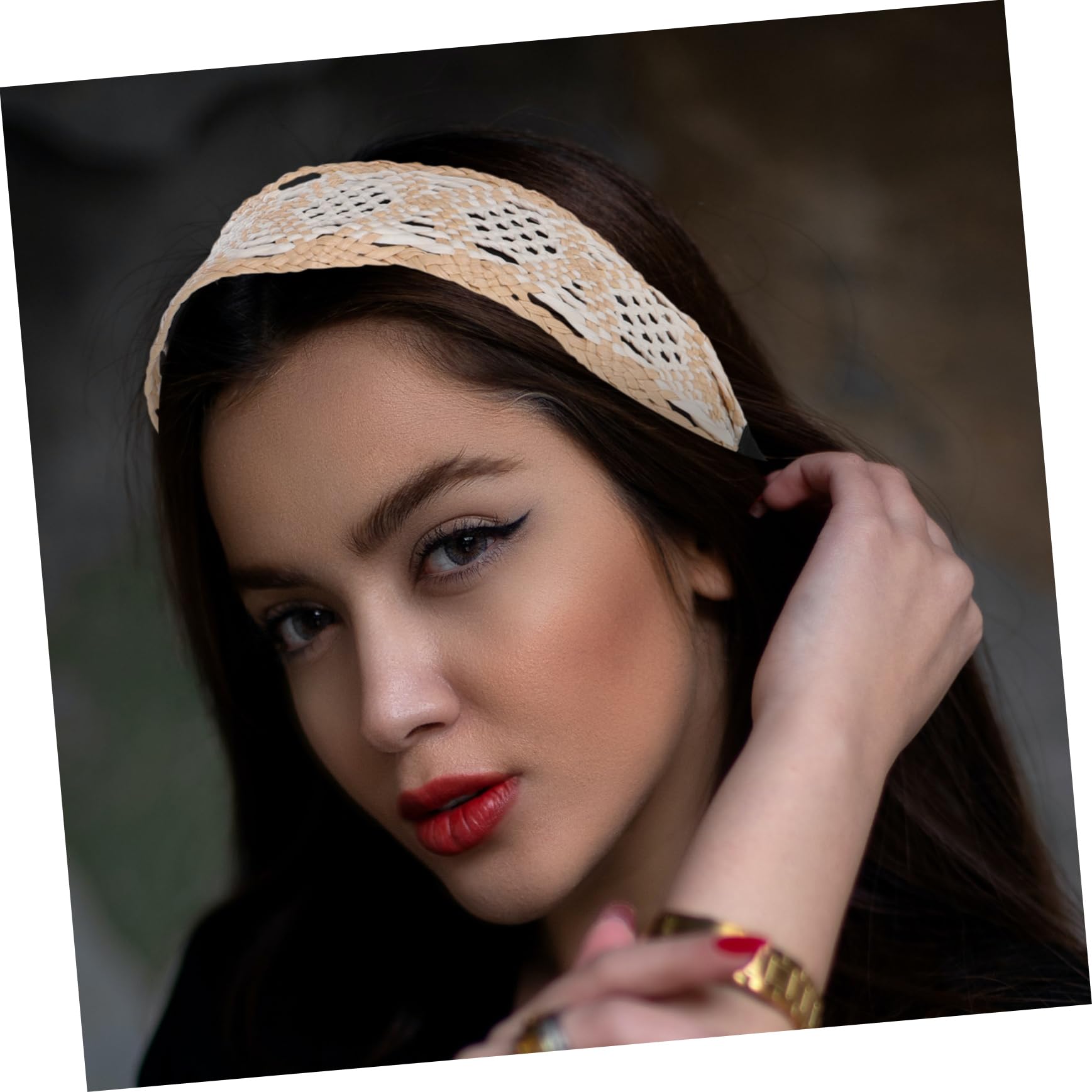 Bandeau Large Cheveux en Raphia Beige, Coiffe Rétro pour Femmes