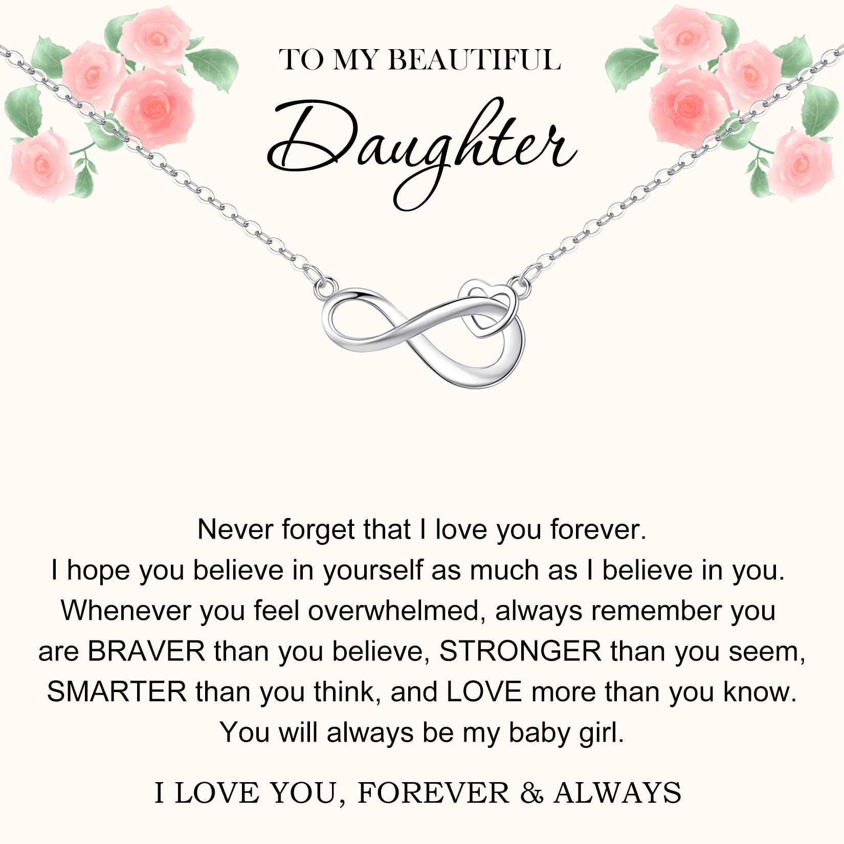 AnotherKiss Daughters Necklace, Valentines Day Daughter Gift from Mom Dad, Sterling Silver Infinity Heart Necklace for Daughter Teen Girls, Daughter Birthday Gift Ideas