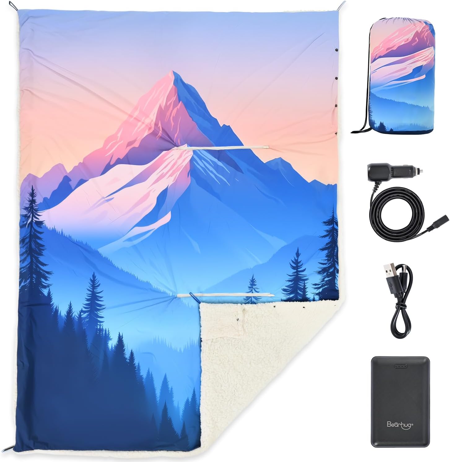 Bearhug 50” x 70” Heated Blankets Battery Operated, Cordless Wearable Heating Throw Blanket with 15000 mAh Power Bank, 3 Heating Levels USB Rechargeable Waterproof for Camping,Car,Outdoors (Peak)