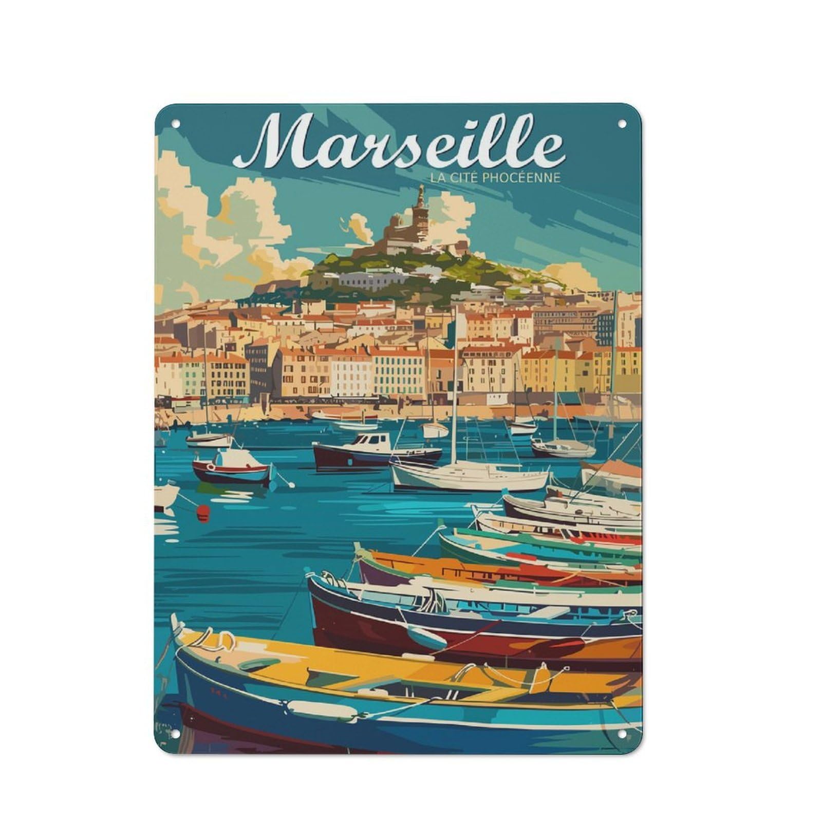 Junmoney Style-3 Classic Marseille, France Travel Metal Wall Art Sign 40X30cm, Vintage Wall Decor For Lounge, Study, Pub Or Wall Gallery