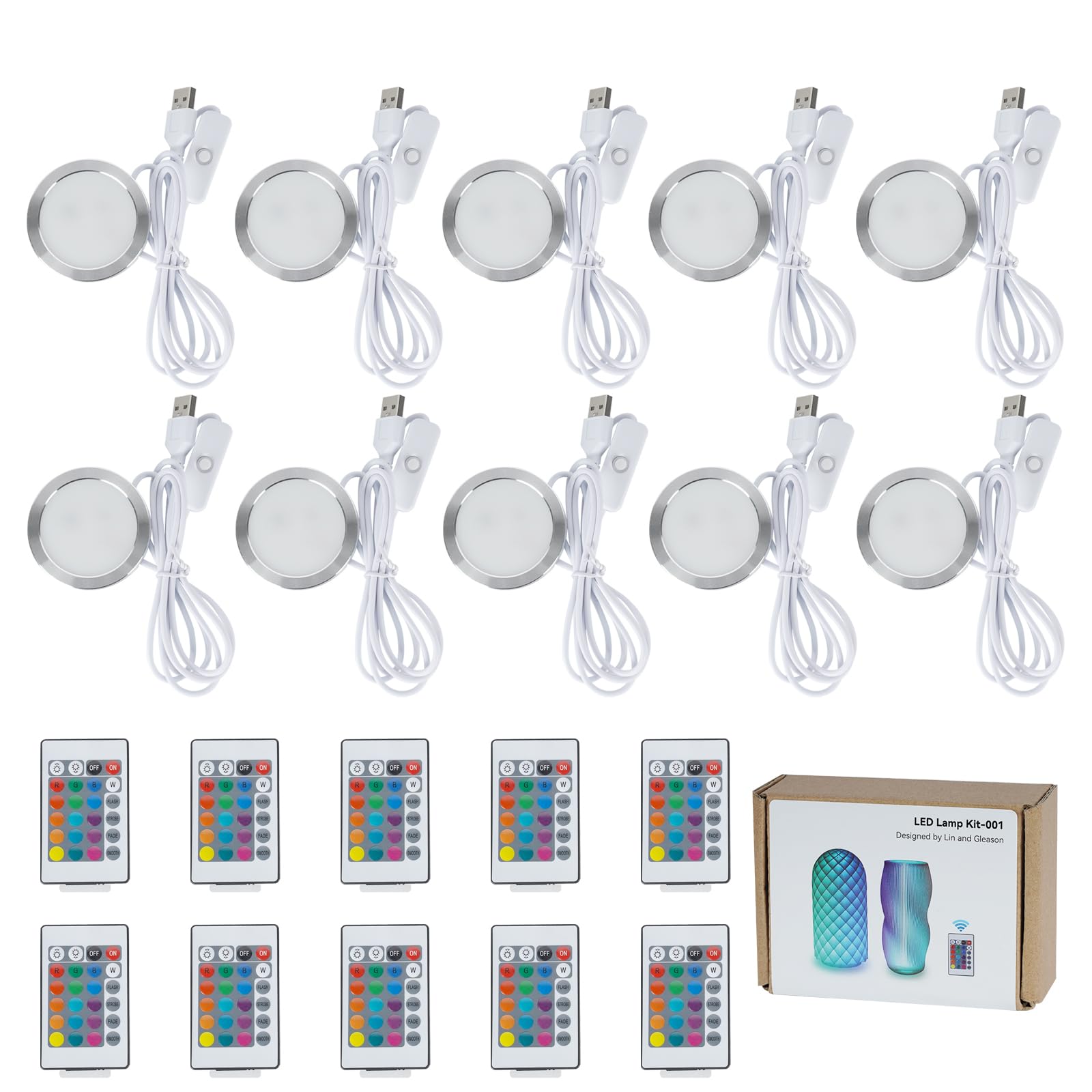 LED Lampen-Set 001 für Bambu Lab,Fernbedienung RGB LED Licht Kit für 3D-Drucker Lampen, LED Lampe kompatibel mit Bambulab A1 mini/P1P/X1C, 5V USB LED-Beleuchtungsset für Makerworld 3D-Druck (10 Stück)