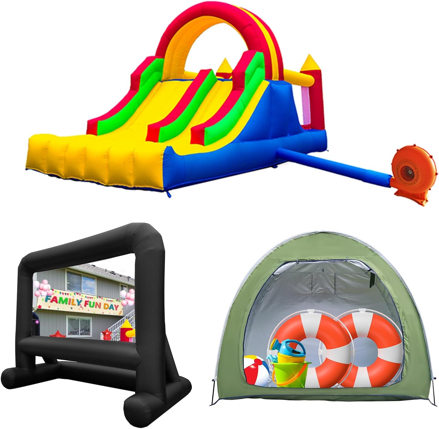 Family Fun Day Package - Inflatable Climb and Slide Bouncer, Movie Screen, and Backyard Storage Tent