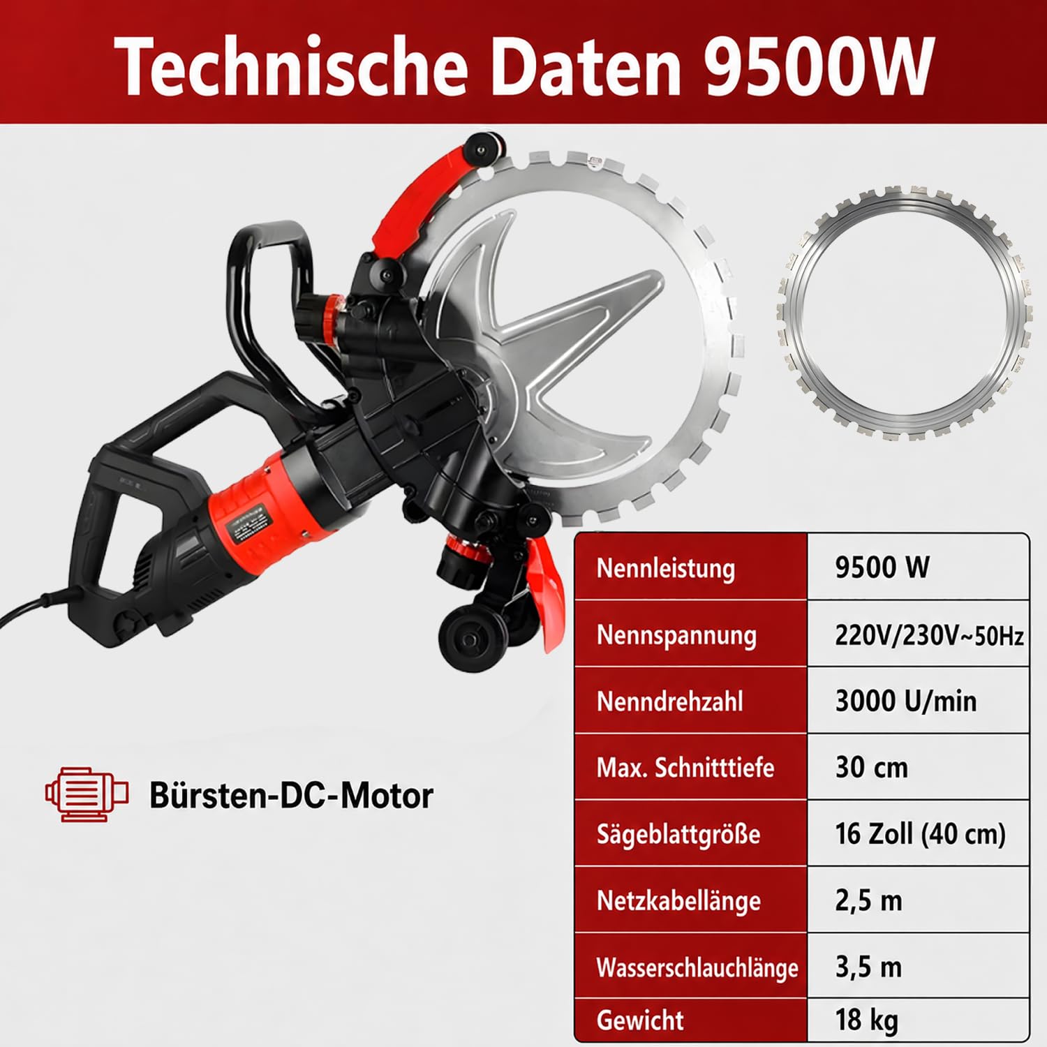 Neue Betontrennsäge, Bürsten-Gleichstrommotor mit 2*16-Zoll-Diamantblatt, Nass-/Trocken-Staubschutzschneider, 30 cm Schnitttiefe, für Renovierungsarbeiten/Straßenbauarbeiten 9500W2blades