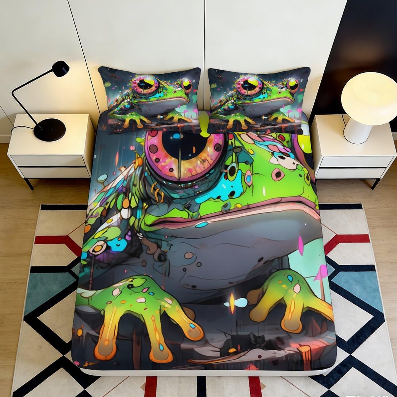 Pnayamiorkfel Style-1 3D Printed Colorful Frog Fitted Sheet Microfiber Soft Bedroom Decor Artistic Graffiti Bed Cover For Home Dorm 90X200x25cm