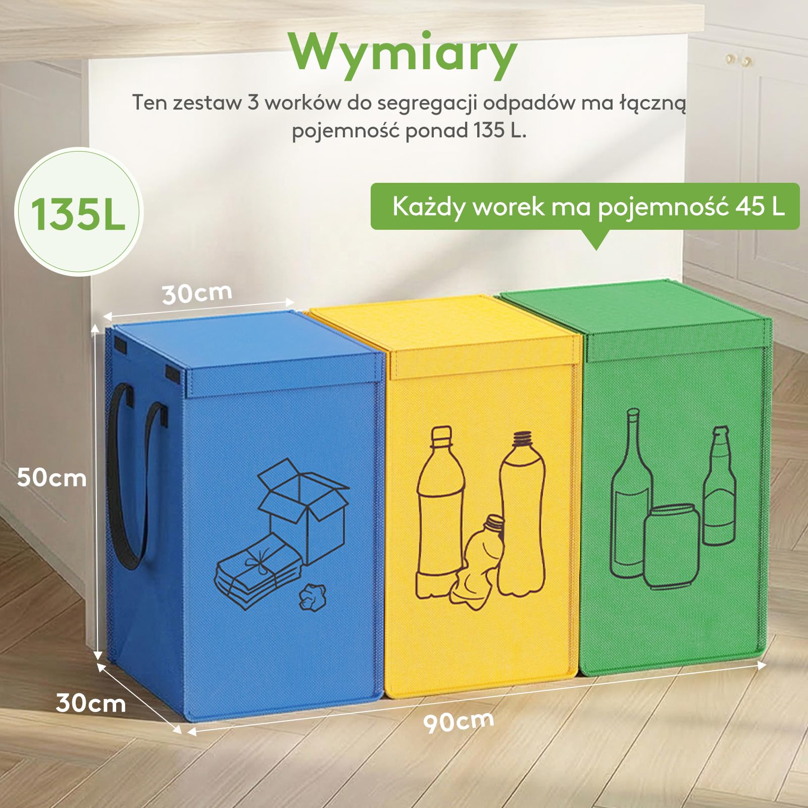 Lifewit System segregacji śmieci z pokrywką, pojemnik na odpady i butelki na kaucję, 3 przegródki na papier, szkło i plastik, recykling, 3 x 45 l, łatwe opróżnianie