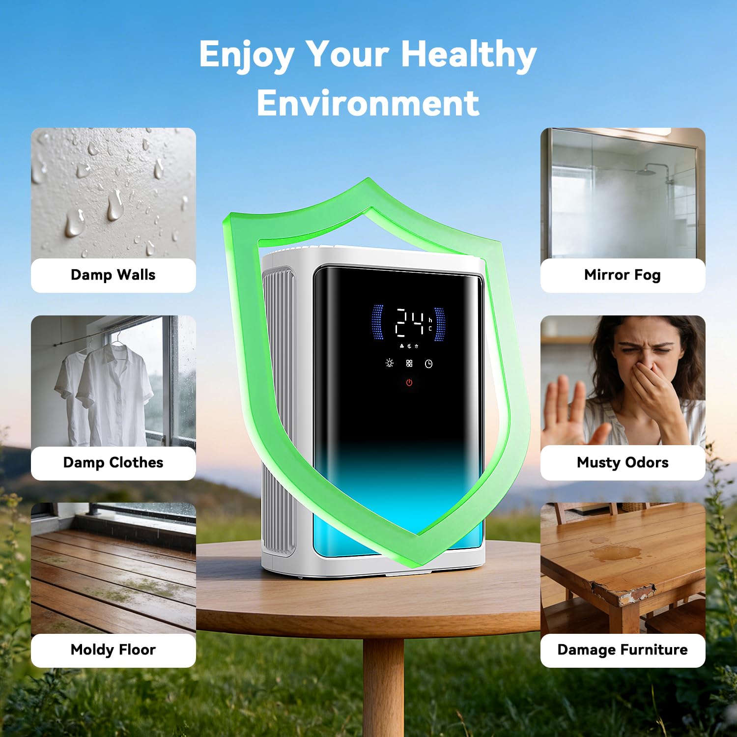 Deumidificatore Casa Muffa 3000ML,Deumidificatore Portatile e Ultra Silenzioso Con Rilevamento Termico,Scongelamento smart,Timer 6/8/12H,LED 7 colori, Per Bagno Camera Cabina Armadio (870 ml/day)