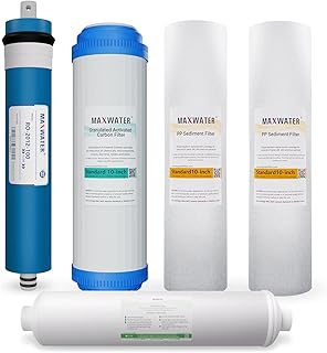 Max Water Replacement Filter Set for Standard 5 Stage Reverse Osmosis Water Filter System Filters - 10 inch Standard Size Water Filters 5 Micron Sediment, GAC, 1 Micron Sediment, RO Membrane 100 GPD